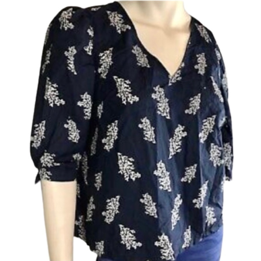 a new day Boho 3/4 Sleeve V-Neck Floral Blouse - Navy Blue & White‌‌‌‌